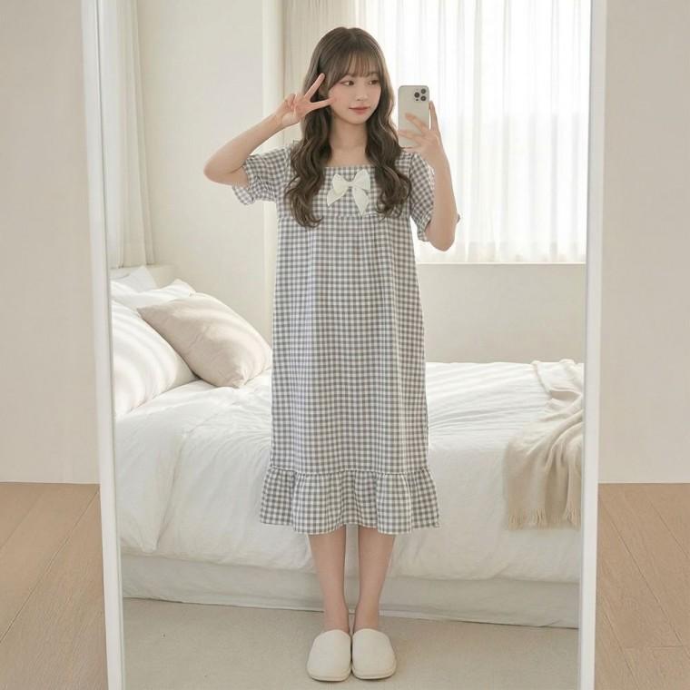 여름 잠옷 반팔 원피스 소프트 체크 리본 여성 홈웨어