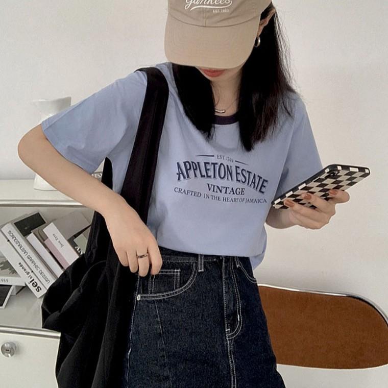 여자 세미 크롭 레터링 티셔츠 캐주얼 반팔티