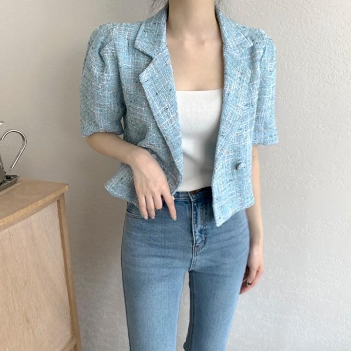 숄더쉐입 트위드 반팔 크롭 자켓