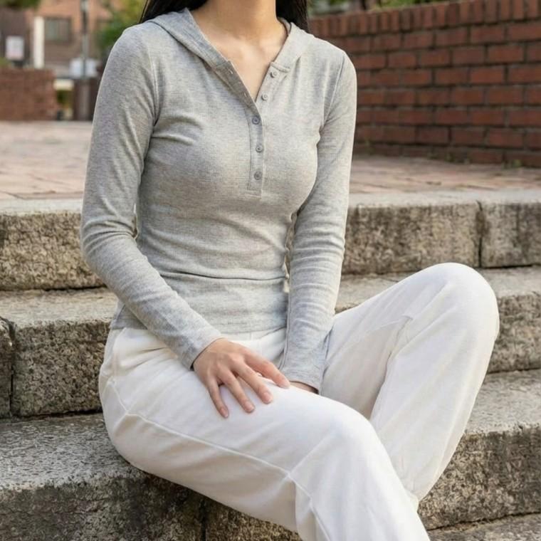 여성 라인핏 슬림핏 후드 긴팔티 후드넥 디자인 상의