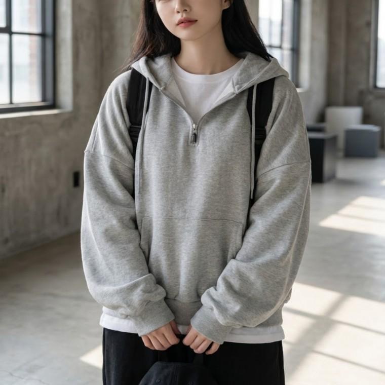 봄 여성 상의 긴팔 티셔츠 지퍼 기모 오버핏 후드티