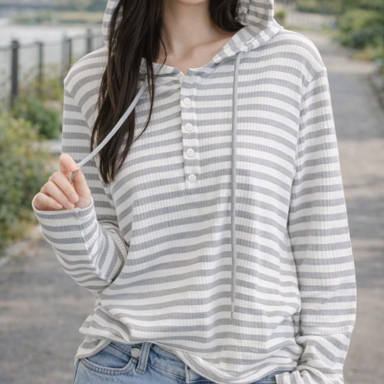 여성 라인핏 스트라이프 모자 티셔츠 줄무늬 긴팔티