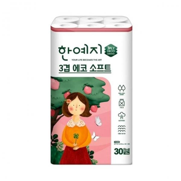 한예지 에코소프트 화장지 3겹 18M 30롤 - 개 (1개입) 롤휴지 화장실휴지 자취선물 두루마리화장지