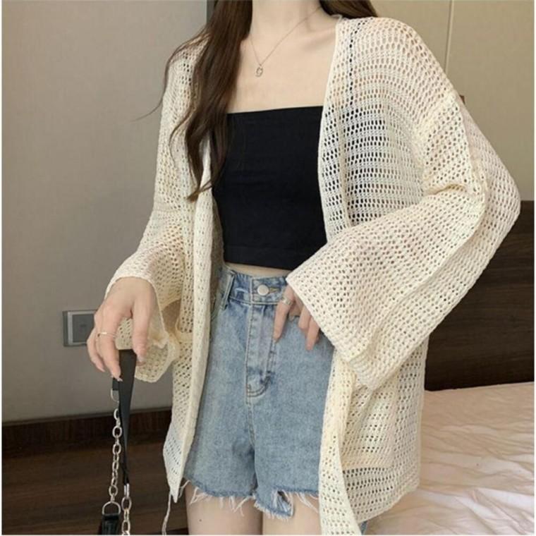 얇고 통기성좋은 펀칭짜임 그물 노버튼 통소매 가디건