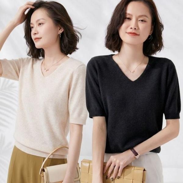 URK-591 반팔 니트 티셔츠 풀오버 브이넥 얇은 여성