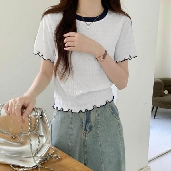 배색 라인 셔링 반팔 티셔츠