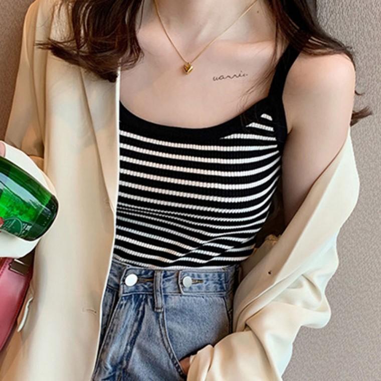 단가라 스트라이프 민소매 나시