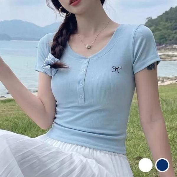 자수 리본 버튼 골지 반팔 티셔츠