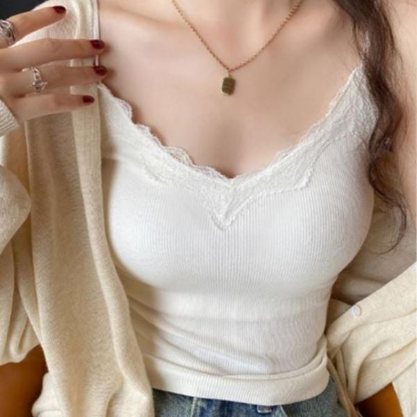 레이스 브이넥 골지 슬리브리스