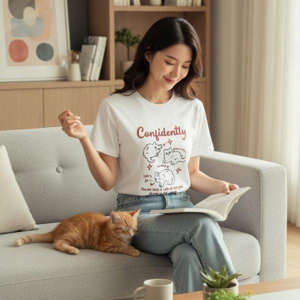 고양이 일러스트 레터링 반팔 티셔츠