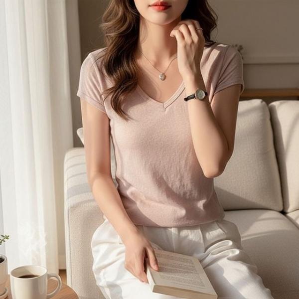 모던 데일리 슬림핏 브이넥 반팔 티셔츠
