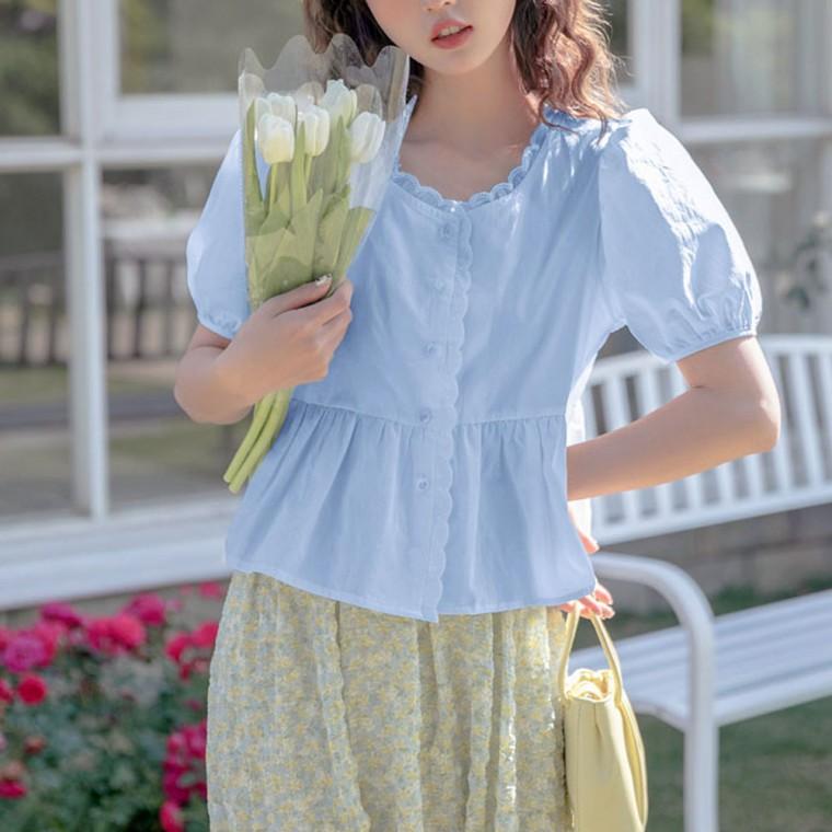 F007548 로맨틱레이스 넥프릴 퍼프밴딩 반팔블라우스