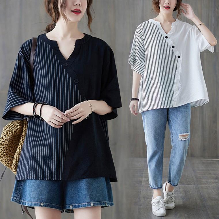 F007554 단가라배색 V넥 단추포인트 루즈핏 티셔츠 셔츠블라우스