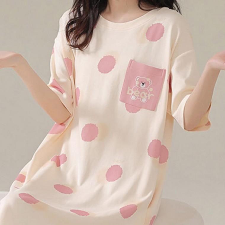 여성 여름 잠옷 핑크 곰돌이 반팔 원피스 파자마