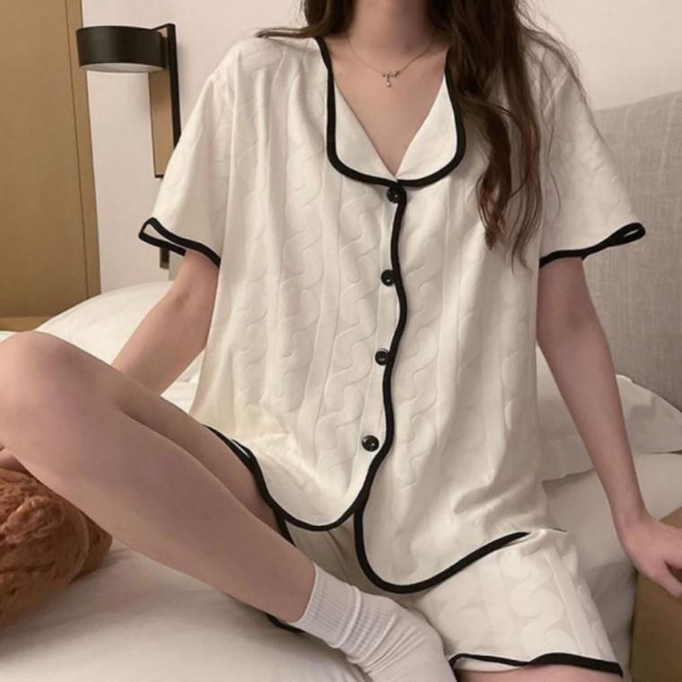 여성 심플 카라 반팔 잠옷 홈웨어 파자마 세트