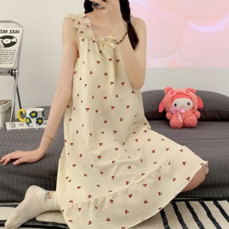 여성 체리 리본 나시 원피스 잠옷 홈웨어 파자마