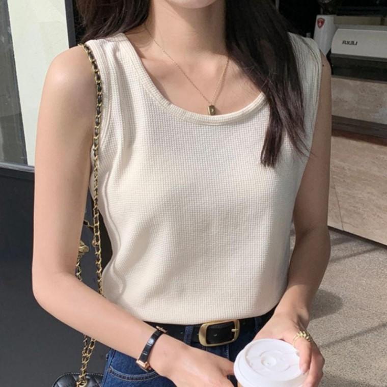 스타일리시 베이직 민소매 나시티 루즈핏 여성 와플 여성 여름 나시티 여자