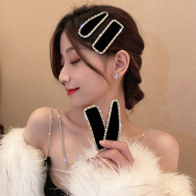 벨벳 큐빅 똑딱핀 블랙 검정 헤어핀 머리핀