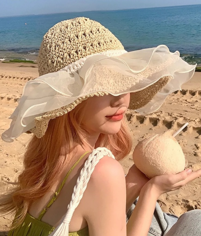 더블쉬폰 라탄 벙거지 봄 여름 버킷햇 여성 모자 왕골모자 비치모자