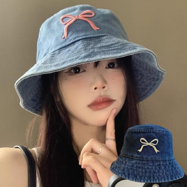 [당일출고] 리본 자수 청 데임 벙거지 버킷햇 여성 모자