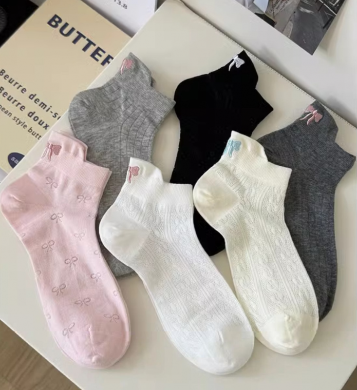 여성 리본 자수 봄 여름 단목 중목 양말 6종 패션 데일리 캐주얼 양말