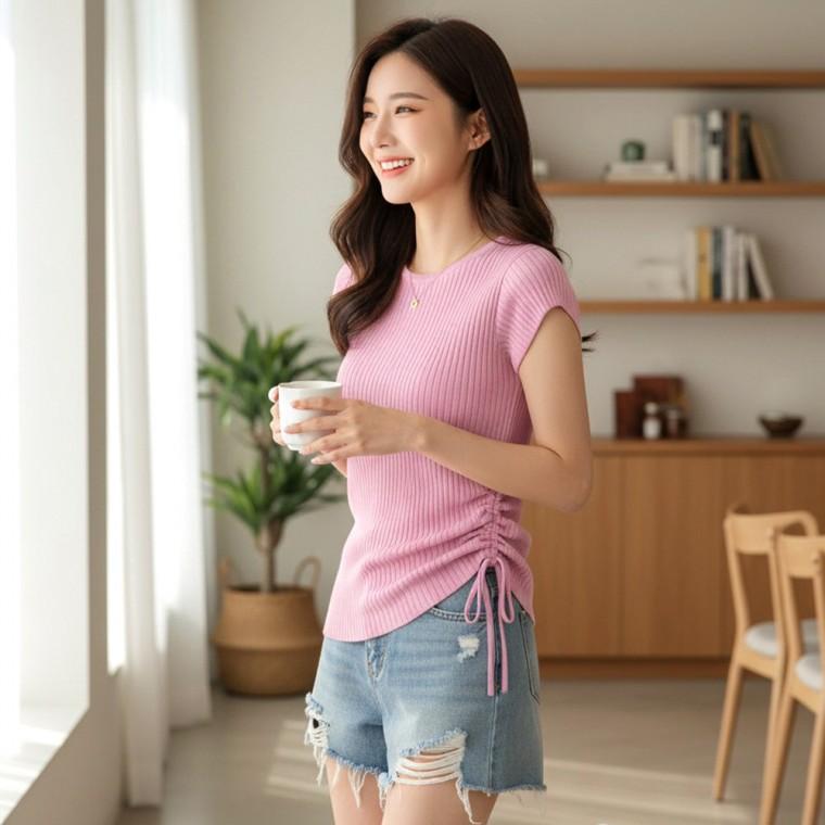 링키 언발 사선셔링 캡소매 골지 반팔티 SD-260630