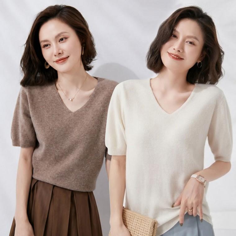 여성 풀오버 얇은 니트 브이넥 반팔 티셔츠 URK-1009874