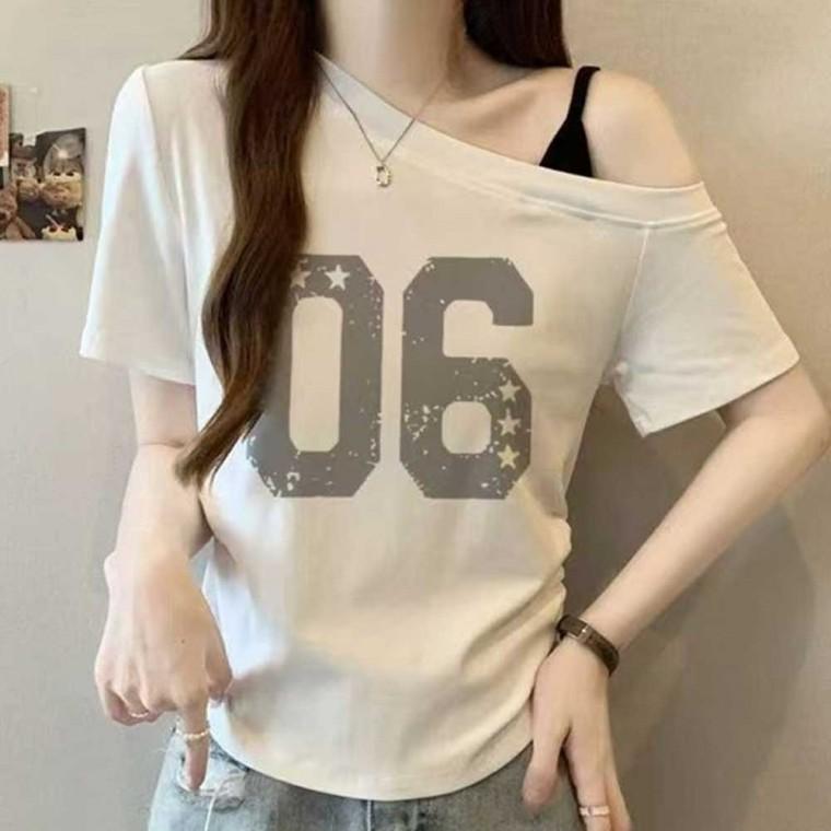 오프숄더 빈티지 프린팅 반팔티 RNR-1009883