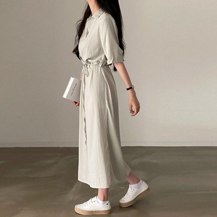 허리 스트랩 카라 브이넥 롱원피스 TD-1009932
