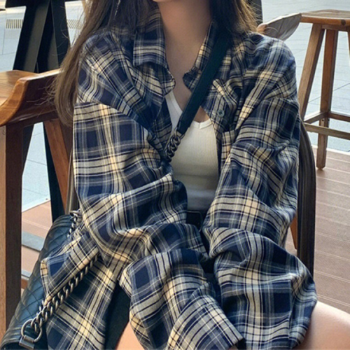 캐주얼 엘라 체크 셔츠 여성 오버핏 루즈핏 남방 긴팔