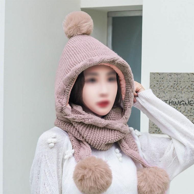 머리부터 목까지 포근하게 감싸주는 융털 방울 후드넥워머 바라클라바 겨울모자 기모넥워머