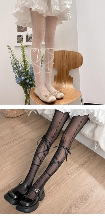 팬티스타킹 자수 리본 스타킹 망사 레이스 타이즈 화이트 블랙 시스루 연말 연초 아이돌