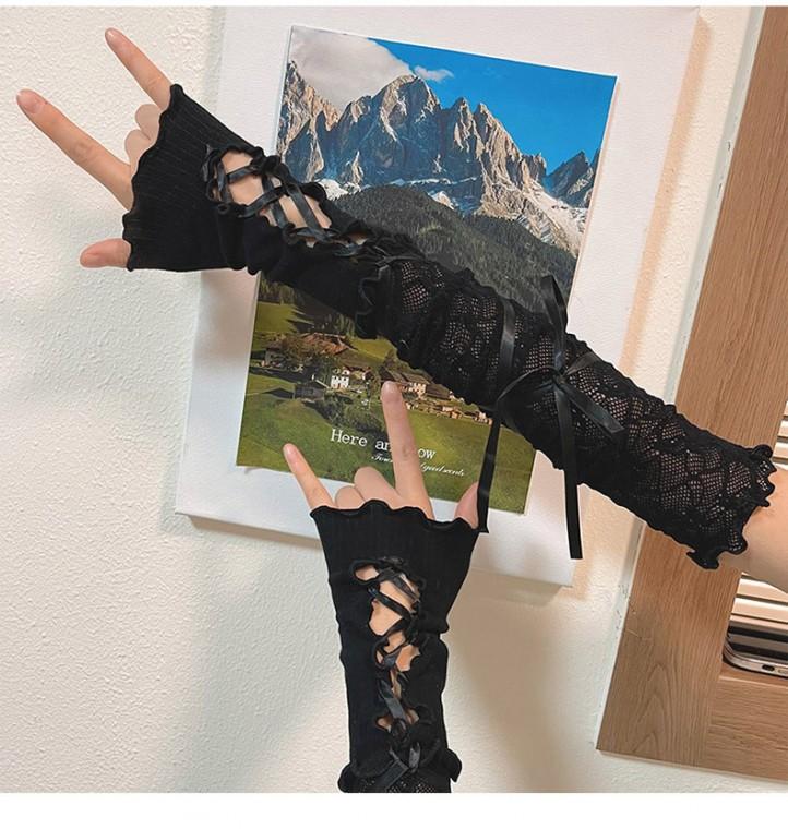 팔토시 암워머 리본 자수 발토시 레이스 키치한 Y2K 여성스러운 코스프레 포인트 현아 아이돌