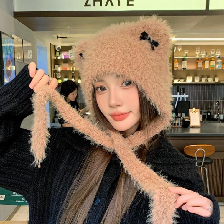고양이 털 뽀글이 리본 모자 귀여운 귀도리 방한제품 목도리 애니멀 귀마개 귀도리
