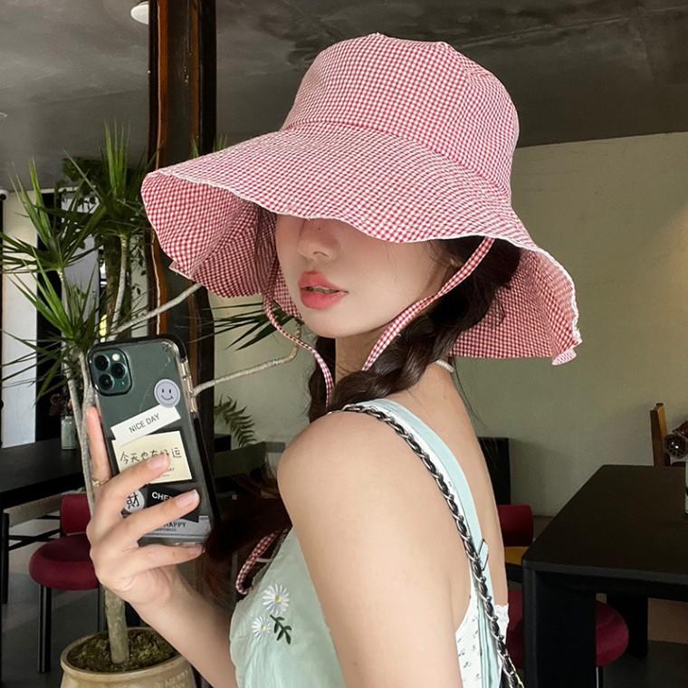체크 챙넓은 챙모자 모자 캡 자외선차단 블루 레드 패션 여성모자 사파리모자 소풍 여행