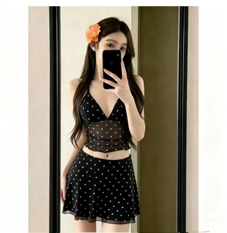 3pcs 블랙 도트 시스루 모노키니 수영복 비키니 여성 워터파크 풀빌라 패션 여름 휴가 실내 실외 휴양지