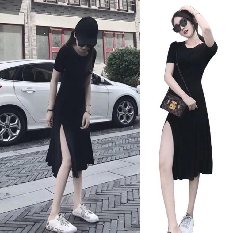 데일리 블랙 원피스 여름 반소매 옆트임 원마일 웨어