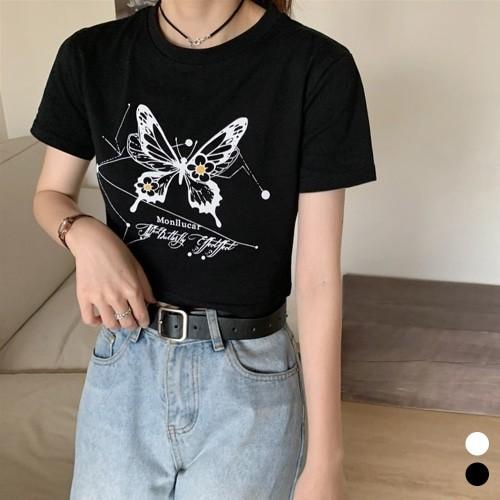 트렌디 무드 나비 프린팅 크롭 반팔 티셔츠 데일리룩