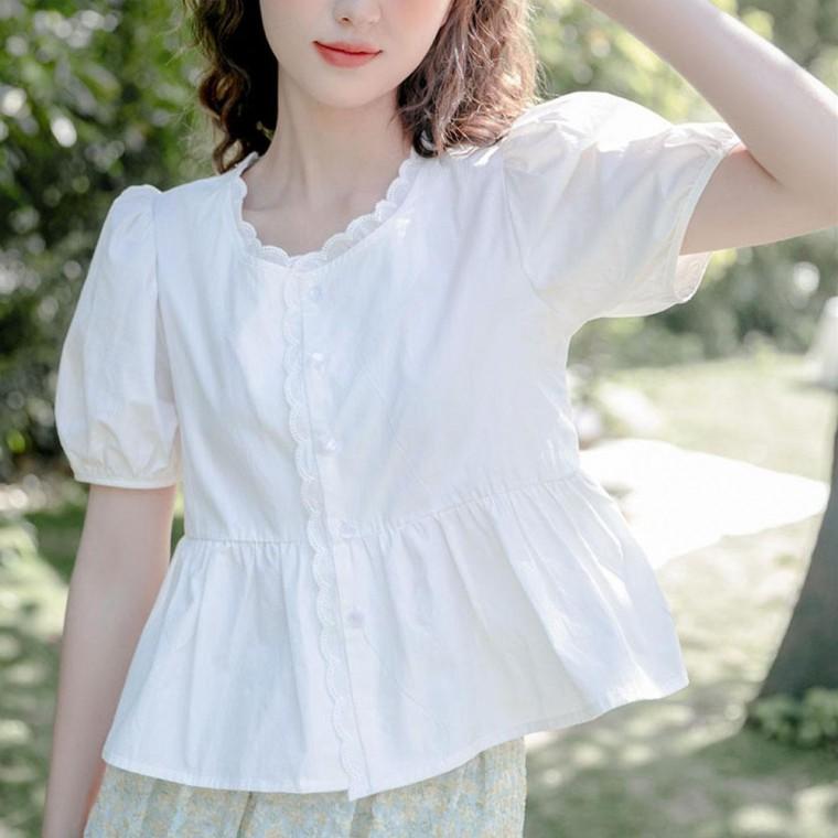 밴딩퍼프 레이스포인트 반팔 블라우스 면블라우스 여름블라우스 퍼프블라우스