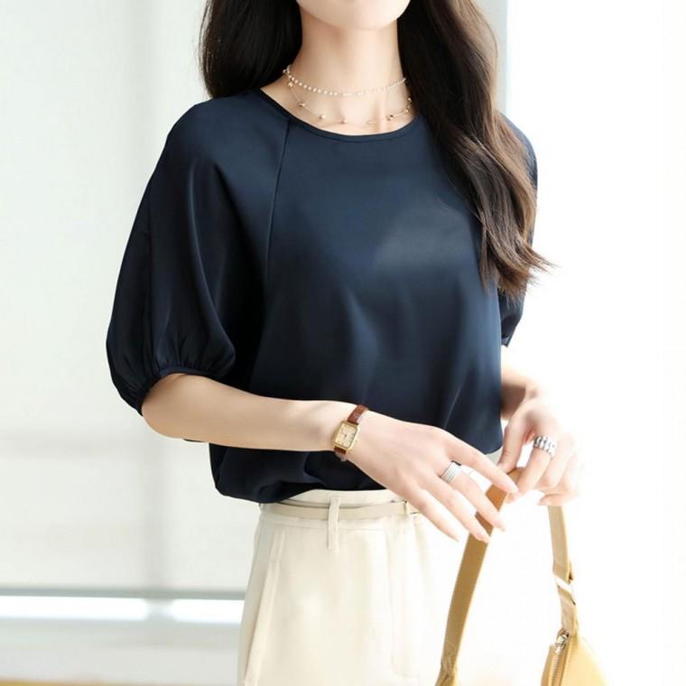 퍼프셔링 라운드넥 블라우스 셔링블라우스 퍼프블라우스 결혼식 셔츠