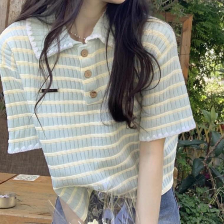 단가라 파스텔 여름 여성 티셔츠 반팔 데일리룩 여자 반팔티셔츠 카라티