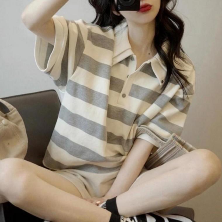 더블 스트라이프 티셔츠 카라 캐주얼 반팔 여성 여름반팔 칼라반팔 여성반팔