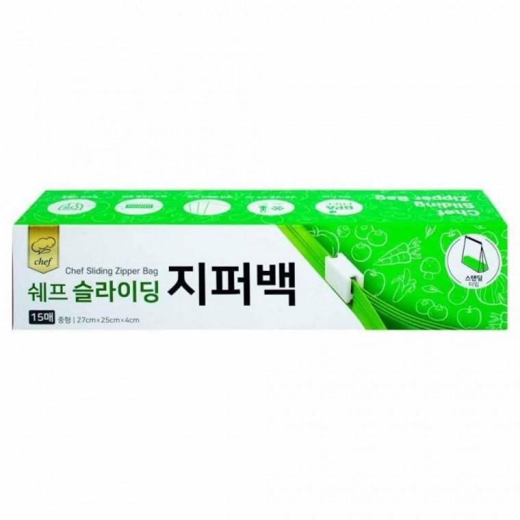 쉐프 슬라이딩 지퍼백 중형 15매 27x25x4cm 스탠딩 슬라이드락 밀폐 식품보관 냉장 냉동
