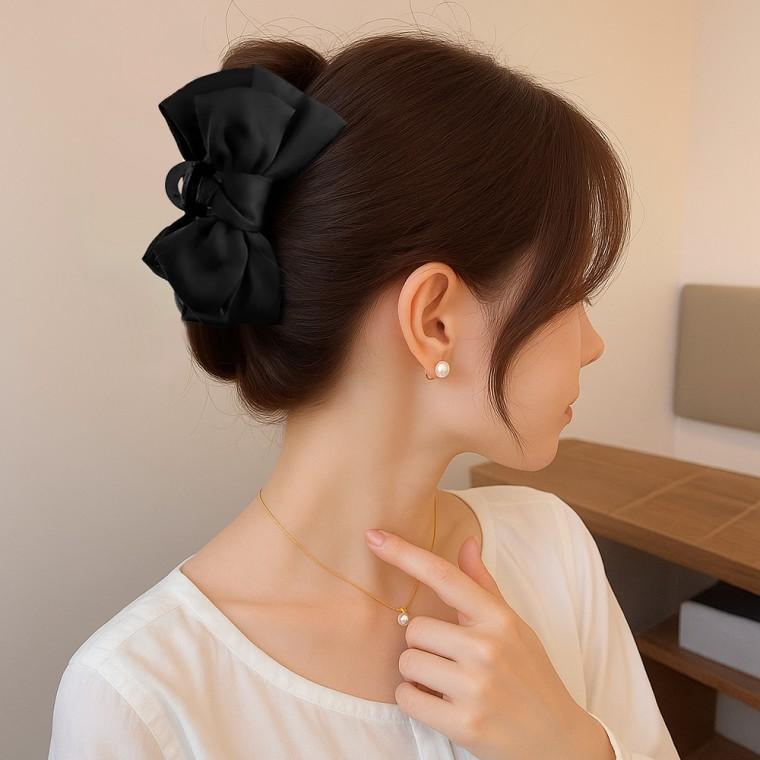 블랙 새틴 리본 집게핀 올림머리 헤어핀