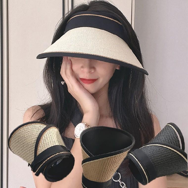 (보리별) 라탄 썬캡 돌돌이 롤링 접이식 햇빛차단 휴양지 챙넓은 선캡 모자