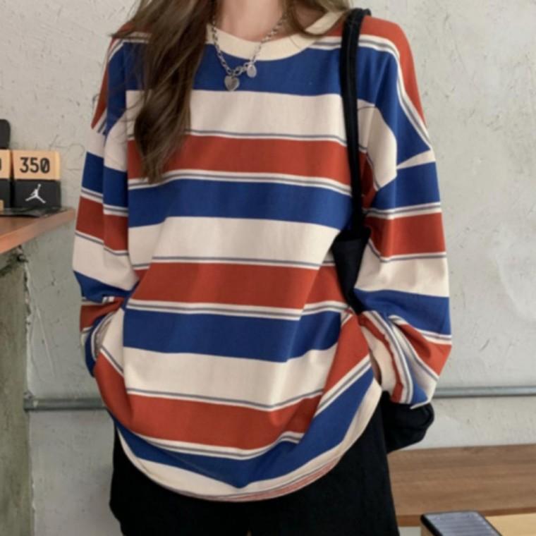 여성 단가라 캐주얼 스트라이프 라운드넥 긴팔 티셔츠