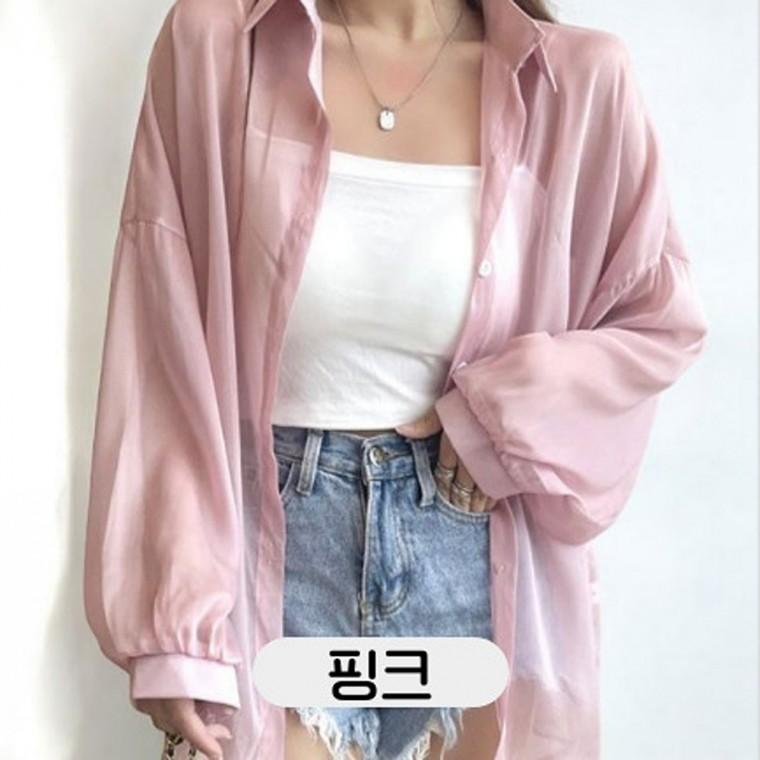 베리노블 시스루 루즈핏 린넨 핑크색 긴팔 셔츠 여름 디자인 캐주얼셔츠