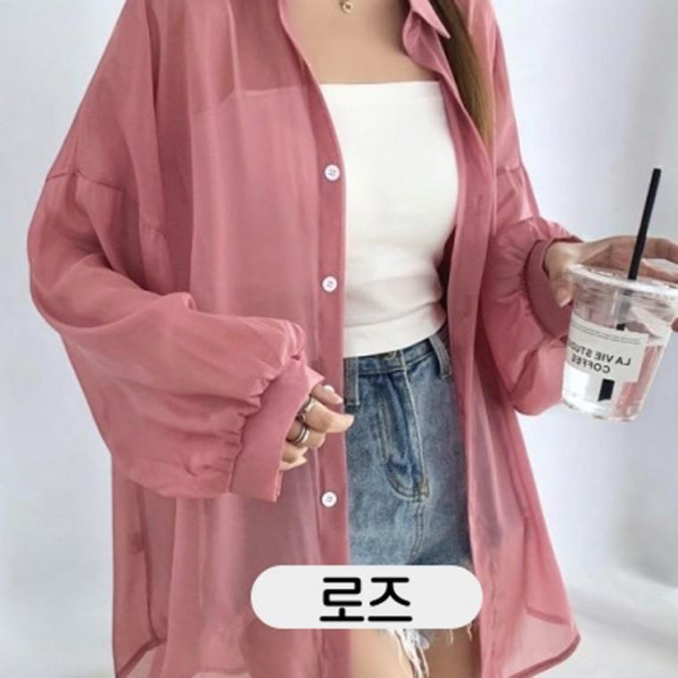 베리노블 시스루 루즈핏 린넨 로즈색 긴팔 셔츠 여름 디자인 캐주얼셔츠