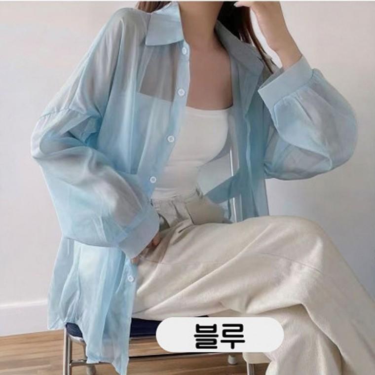 베리노블 시스루 루즈핏 린넨 블루색 긴팔 셔츠 여름 디자인 캐주얼셔츠