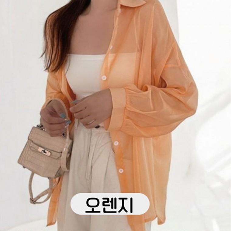 베리노블 시스루 루즈핏 린넨 오렌지색 긴팔 셔츠 여름 디자인 캐주얼셔츠